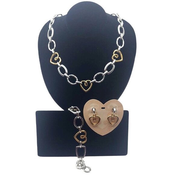 Brighton Fresco 3-Pc Set Silver & Gold Plated Necklace Earrings Bracelet & Tin - Picture 2 of 8